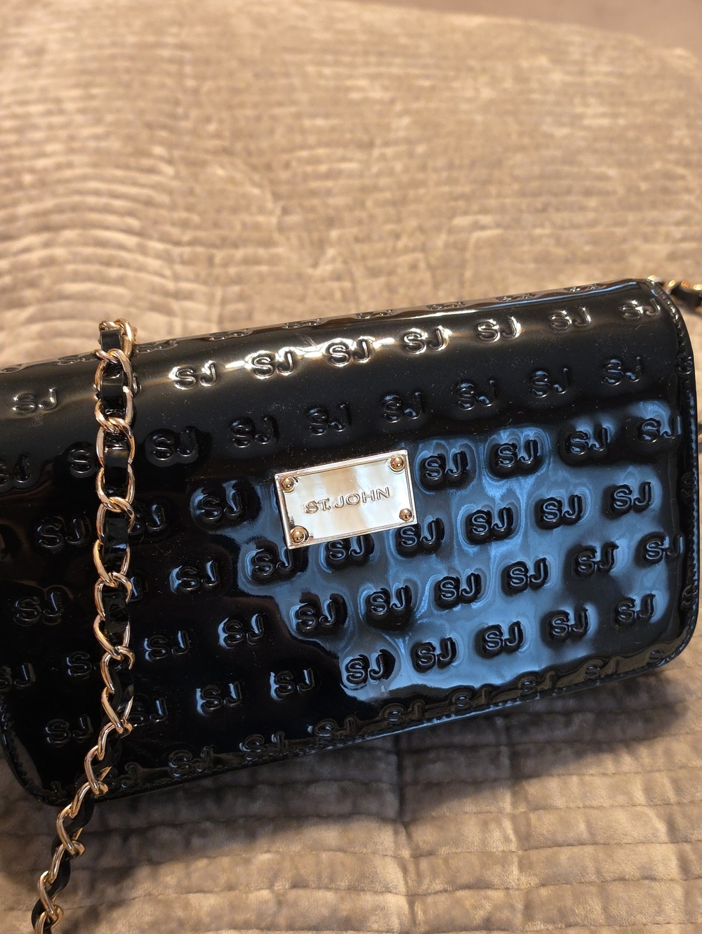 St. John Black Patent Leather Embossed SJ Chain Wristlet